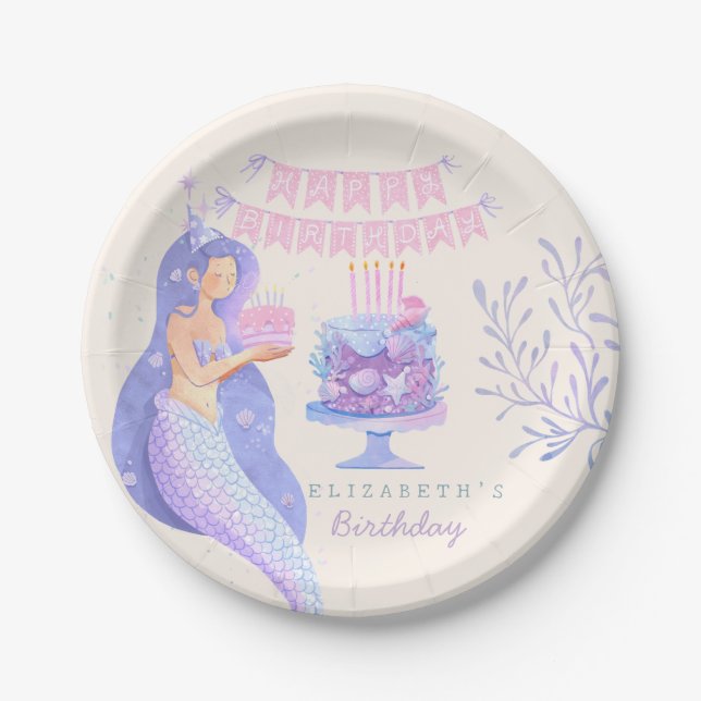 Plato De Papel Pequeña sirena mágica bajo el mar Cumpleaños (Anverso)