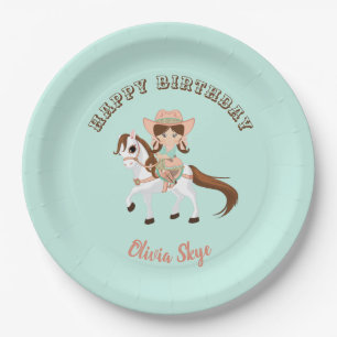 Plato De Papel Pequeña Vaquera a Caballo Cumpleaños Western para 