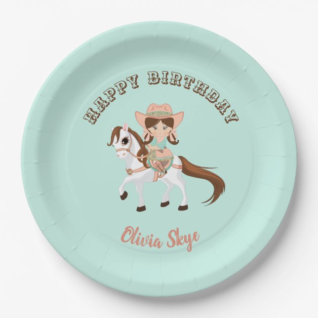 Plato De Papel Pequeña Vaquera a Caballo Cumpleaños Western para  (Anverso)