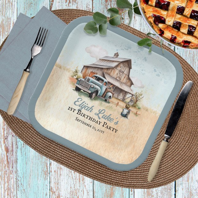 Plato De Papel Pequeño agricultor Fiesta de primer cumpleaños (Blue Boy 1st Birthday Party Barn | Vintage Truck Paper Plates)