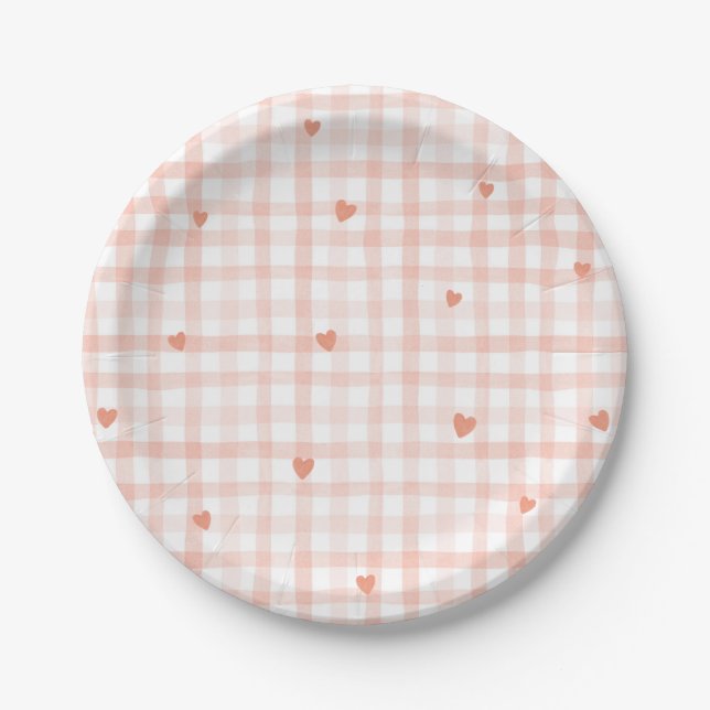 Plato De Papel Pequeño amor Rosa Gingham Valentines (Anverso)