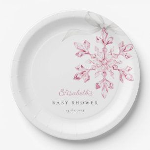 Plato De Papel Pequeño Baby Shower rosado con copo de nieve