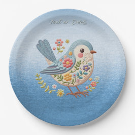 Plato De Papel Pequeño Bird Floral Embroideric Blue Paper Plate
