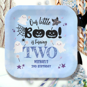 Plato De Papel ¡Pequeño Boo! Cute Blue Boy Halloween 2º cumpleaño