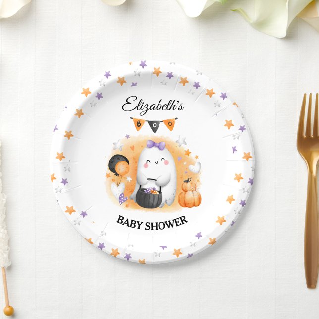Plato De Papel Pequeño boo de la Chica Baby Shower de Halloween (Halloween Baby Shower Girl Little Boo Paper Plates)