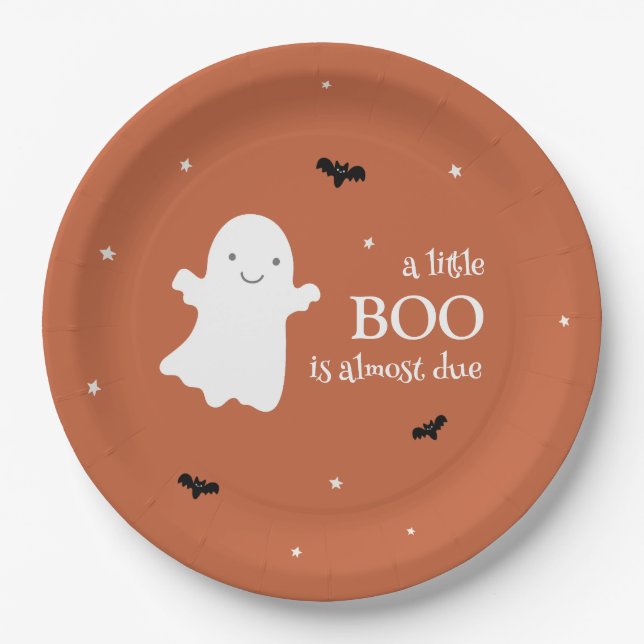 Plato De Papel Pequeño Boo Halloween Fantasma Naranja Baby Shower (Anverso)