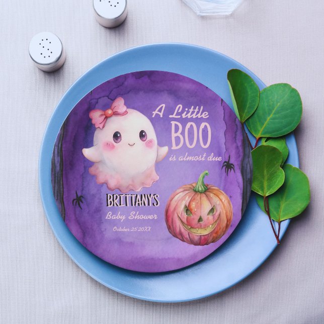 Plato De Papel Pequeño boom rosa lindo baño de bebé fantasma (Little boo pink cute ghost jack o lantern purple Halloween baby shower customized paper plates)