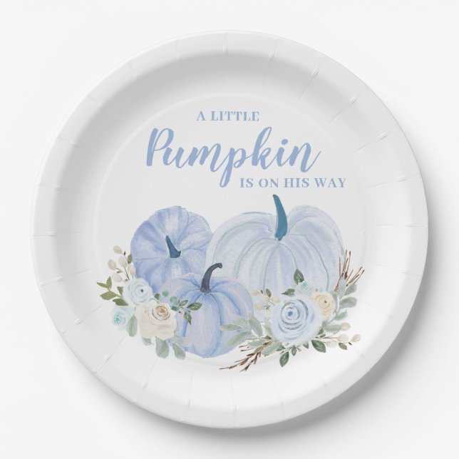 Plato De Papel Pequeño calabaza azul Baby Shower (Anverso)