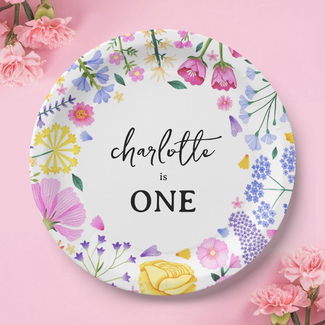 Plato De Papel Pequeño Chica de Flor Silvestre Primer cumpleaños  (Spring Wildflower Girl's First Birthday Paper Plates)