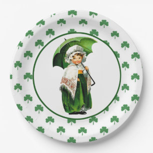 Plato De Papel Pequeño Chica irlandés vintage, Día de San Patrici