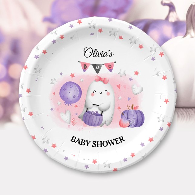 Plato De Papel Pequeño Chica Rosa Halloween Baby Shower (Little Boo Pink Girl Halloween Baby Shower Paper Plates)