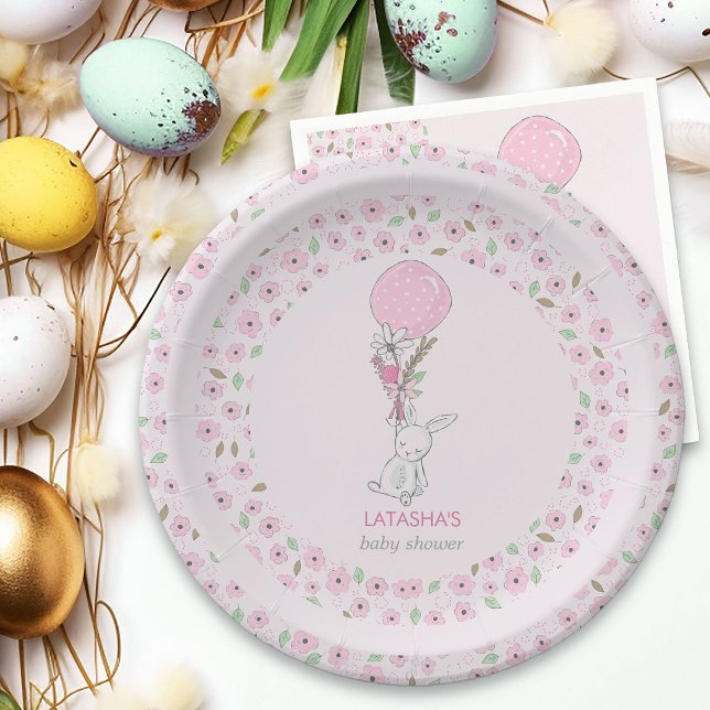 Plato De Papel Pequeño conejo y Chica rosa de globo Baby Shower (Girl Baby Shower Plates from my Little Bunny & Balloon Baby Shower collection)