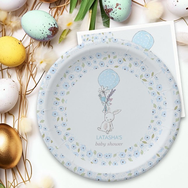 Plato De Papel Pequeño conejo y globo azul Baby Shower (Boy Baby Shower Plates from my Little Bunny & Balloon Baby Shower collection)