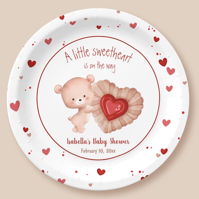 Plato De Papel Pequeño corazón rojo San Valentín Baby Shower (Little Sweetheart Red Heart Valentines Baby Shower Paper Plates)