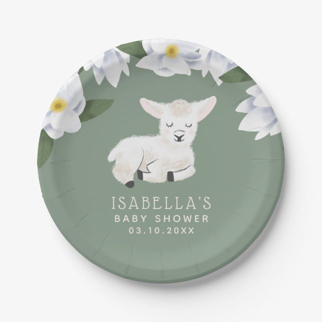 Plato De Papel Pequeño Cordero Magnolia Flores Baby Shower (Anverso)