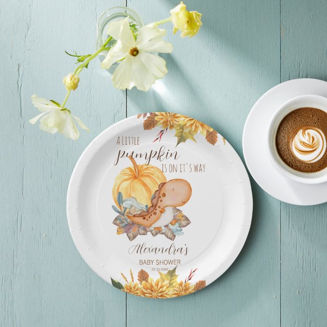Plato De Papel Pequeño dinosaurio de calabaza caída ducha bebé (Little pumpkin cute dinosaur fall baby shower personalized monogrammed paper plates table decor)