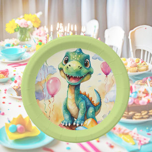Plato De Papel Pequeño dinosaurio lindo con muchos globos de colo