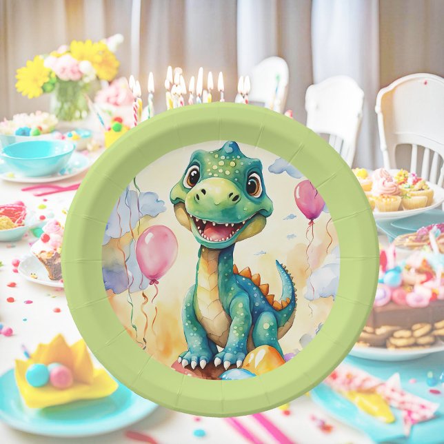 Plato De Papel Pequeño dinosaurio lindo con muchos globos de colo (Subido por el creador)