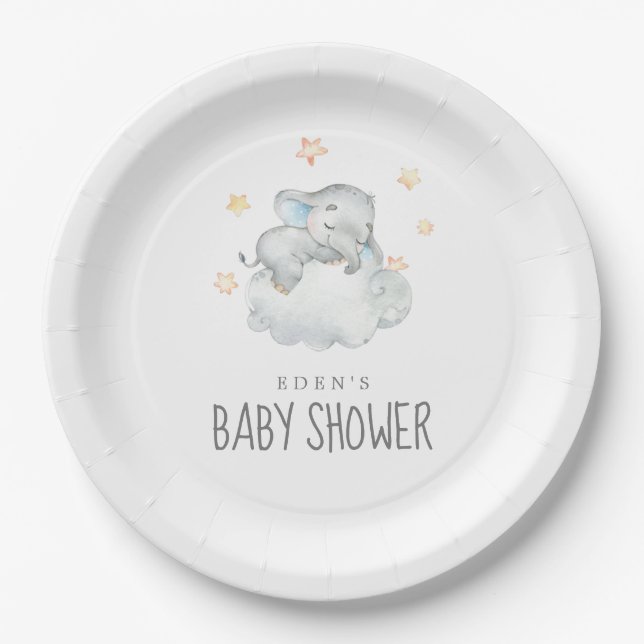 Plato De Papel Pequeño elefante durmiente Baby Shower (Anverso)