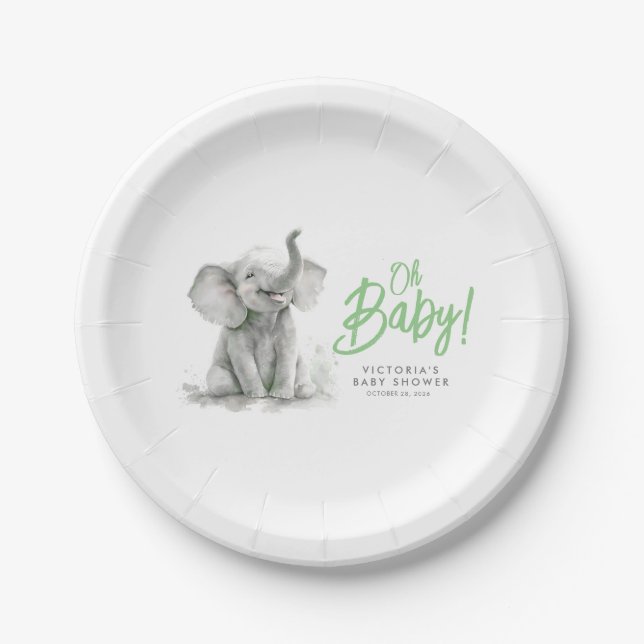 Plato De Papel Pequeño elefante lindo Baby Shower gris verde (Anverso)