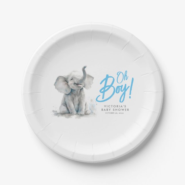 Plato De Papel Pequeño elefante Oh chico lindo Baby Shower gris a (Anverso)