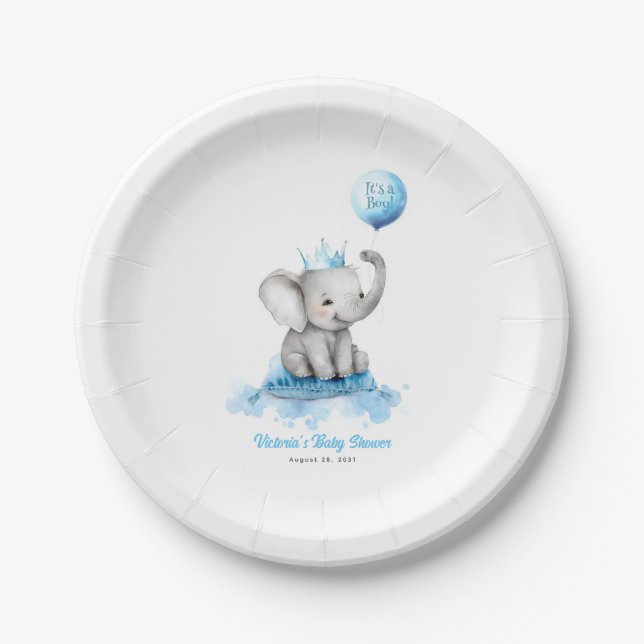 Plato De Papel Pequeño elefante príncipe azul lindo Baby Shower (Anverso)