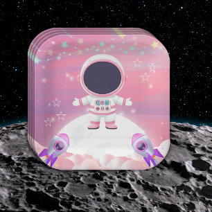 Plato De Papel Pequeño Explorador del espacio exterior rosa Baby