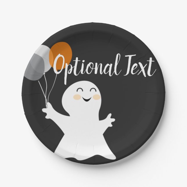 Plato De Papel Pequeño fantasma de Halloween con globos (Anverso)