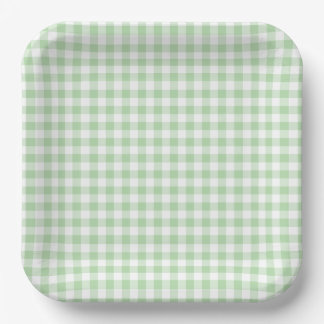 Plato De Papel Pequeño Gingham Verde Pálido y Blanco