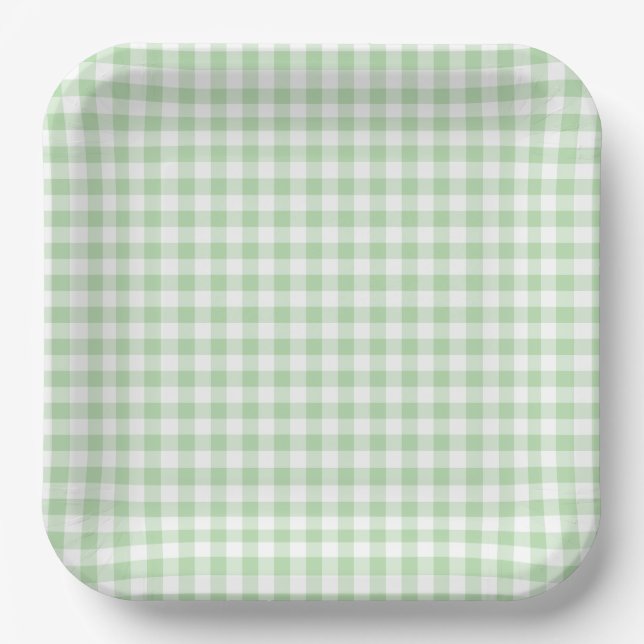 Plato De Papel Pequeño Gingham Verde Pálido y Blanco (Anverso)