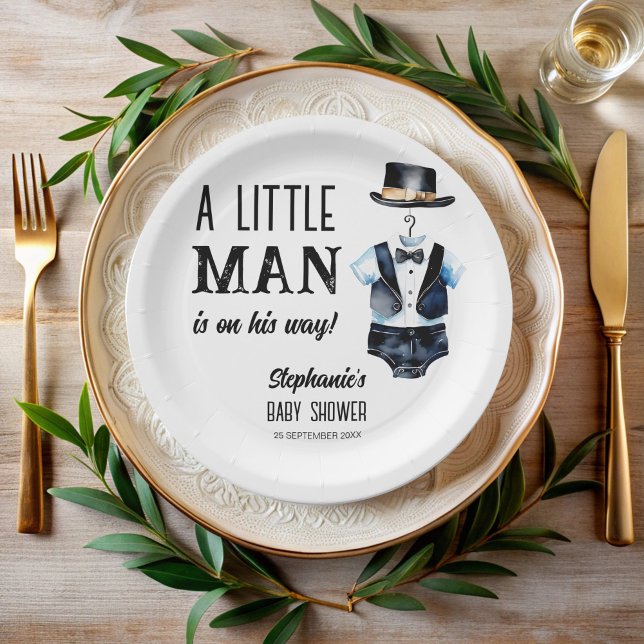 Plato De Papel Pequeño hombre ducha de bebé tuxedo negro monogram (Little man baby shower cute black tuxedo hat monogrammed paper plates personalized table decor)