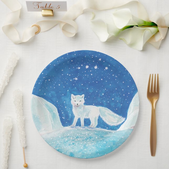Plato De Papel Pequeño Ilustracion de Fox Ártica (Vulpes Lagopus) (Boda)