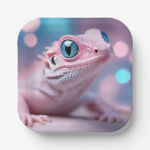 Plato De Papel Pequeño lagartito rosado con ojos azules grandes