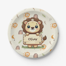 Plato De Papel Pequeño león lindo con un Rótulo de nombre