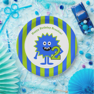 Plato De Papel Pequeño Monstruo 2º cumpleaños franjas verdes azul