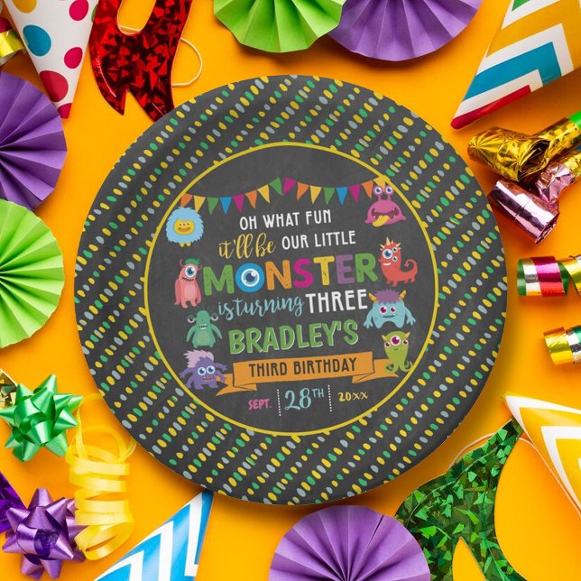 Plato De Papel Pequeño Monstruo Chalkboard tercer Fiesta de cumpl (Subido por el creador)