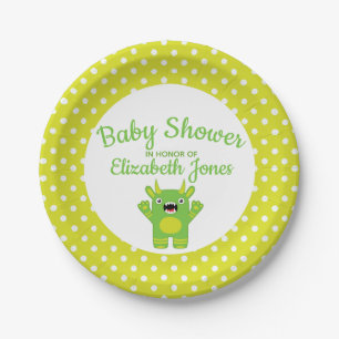 Plato De Papel Pequeño monstruo verde stripey Baby Shower
