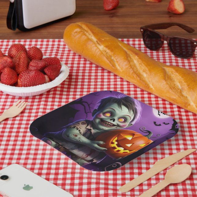 Plato De Papel Pequeño monstruo verde y amigo de calabaza (Picnic)