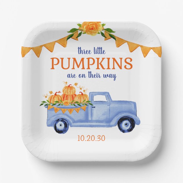 Plato De Papel Pequeño niño de calabaza Triplet Baby Shower (Anverso)
