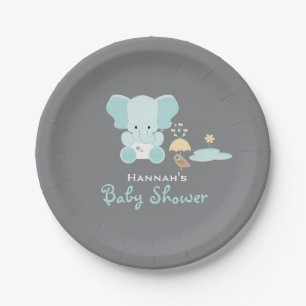 Plato De Papel Pequeño pájaro Baby Shower del elefante azul