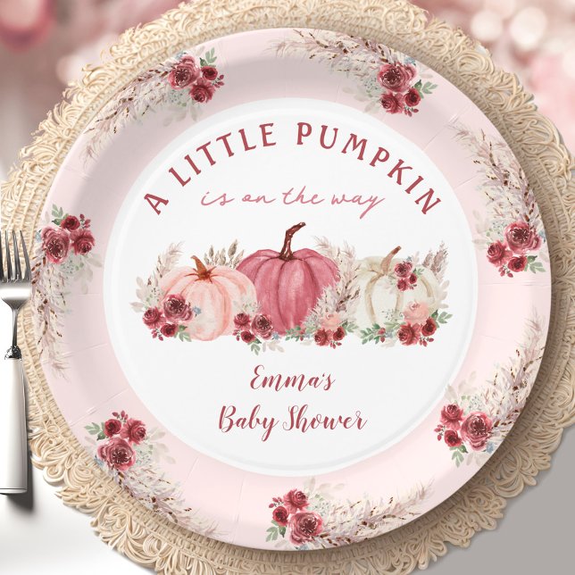 Plato De Papel Pequeño Pumpkin Marsala Cae Chica Baby Shower (Little Pumpkin Marsala Fall Girl Baby Shower Pink Paper Plates)