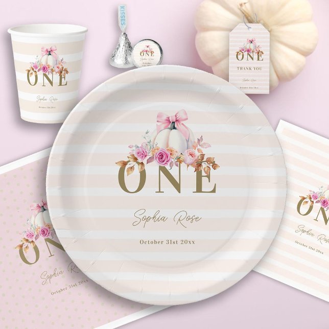 Plato De Papel Pequeño Rosas de la calabaza rosa de la vaca prime (our little pumpkin pink bow fall leaves girl first birthday paper plate watercolor elegant chic)