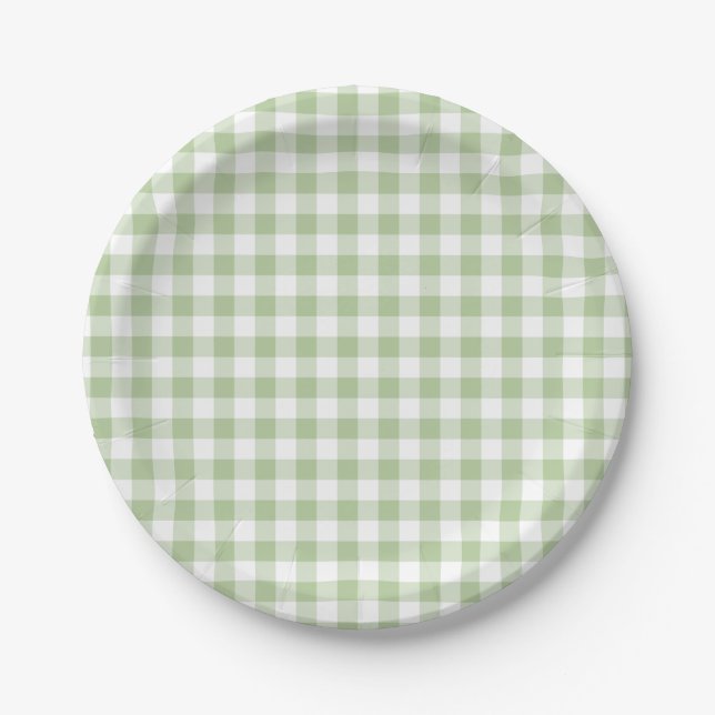 Plato De Papel Pequeño salvia y gingham blanco (Anverso)