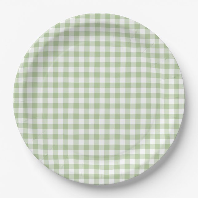 Plato De Papel Pequeño salvia y gingham blanco (Anverso)