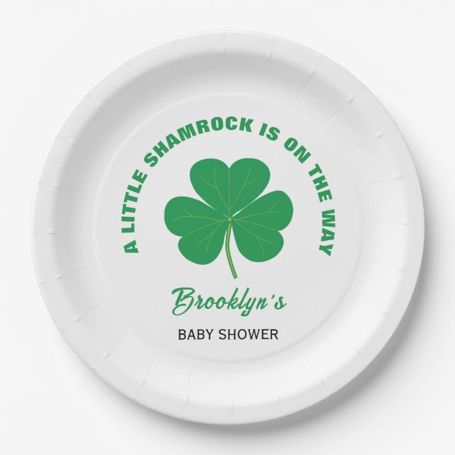 Plato De Papel Pequeño Shamrock Baby Shower Irlandés Blanco Y Ver (Anverso)