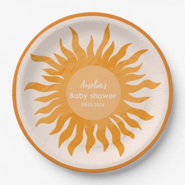 Plato De Papel Pequeño sol boho acuarela Sun Baby Shower (Anverso)
