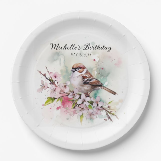 Plato De Papel Pequeño Sparrow Cherry Blossoms Spring Nombramient (Anverso)