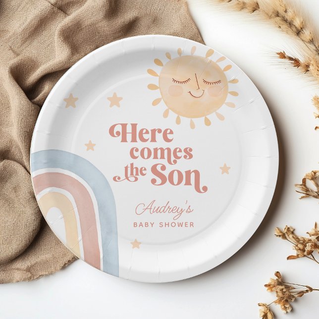 Plato De Papel Pequeño y lindo Sun y arcoiris Boho Baby Shower (Cute Little Sun & Rainbow Boho Baby Shower Paper Plates)