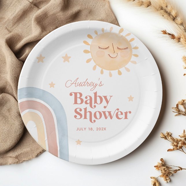 Plato De Papel Pequeño y lindo Sun y arcoiris Boho Baby Shower (Cute Little Sun & Rainbow Boho Baby Shower Paper Plates)