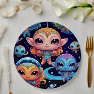 Plato De Papel Pequeños alienígenas multicolores en el espacio